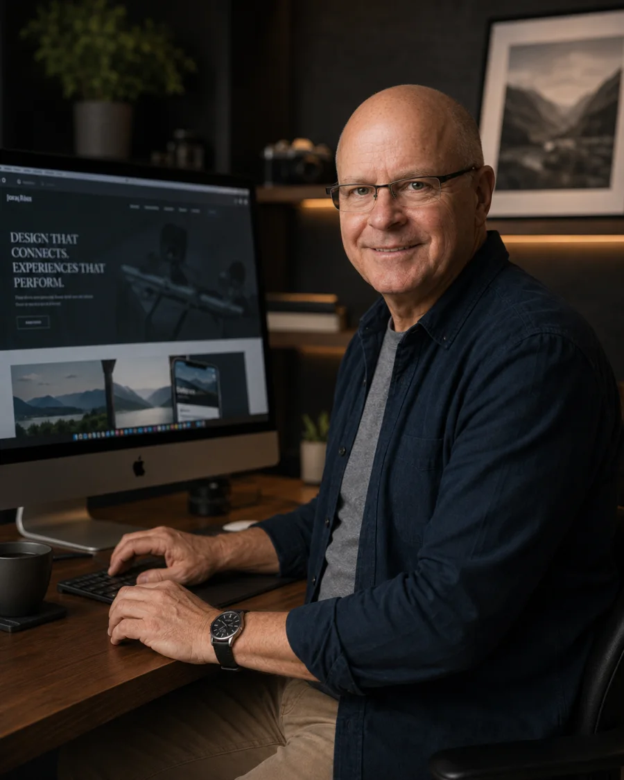 Robin Custance working at a computer in the VizyArt studio