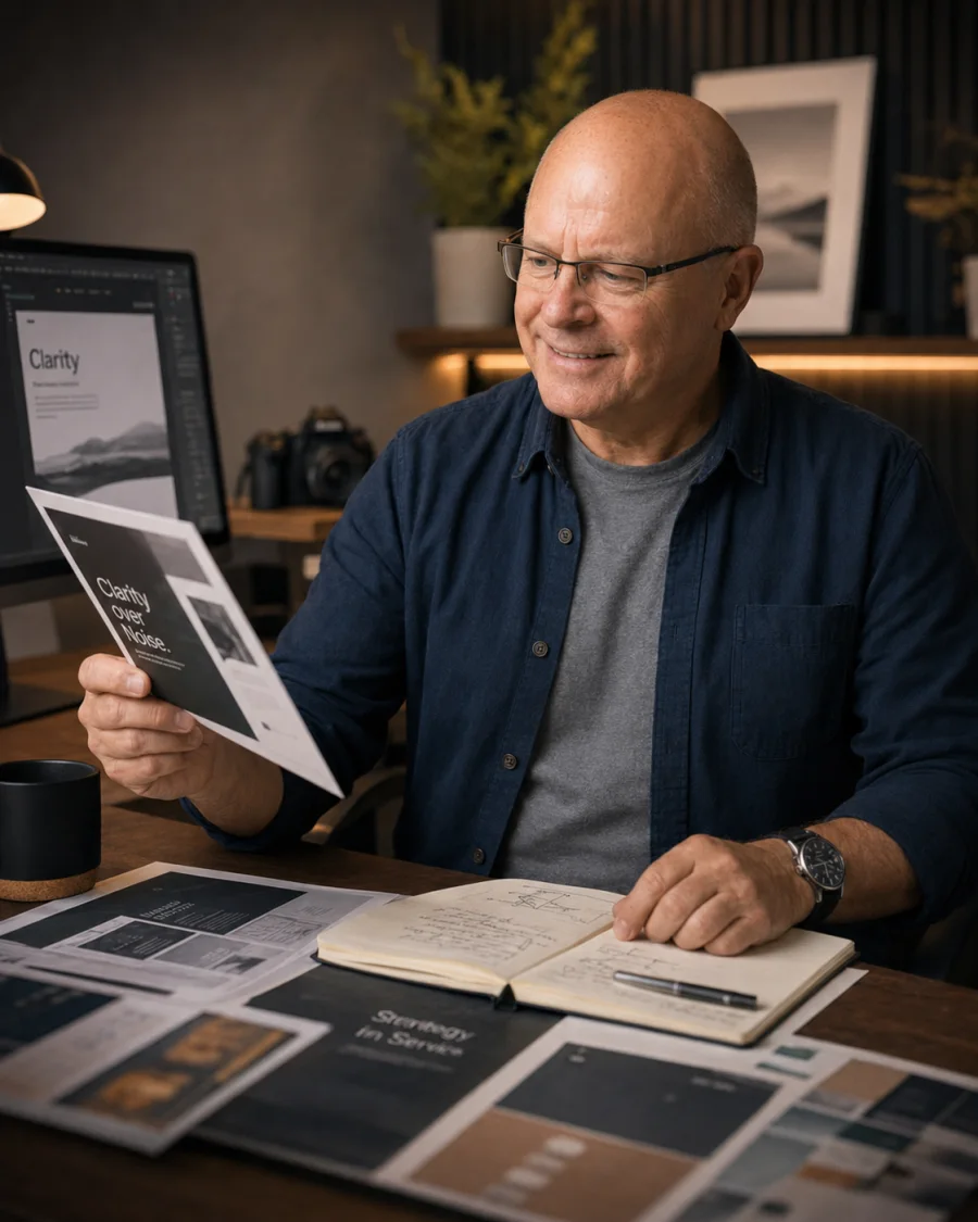 Robin Custance reviewing printed design concepts in the VizyArt studio